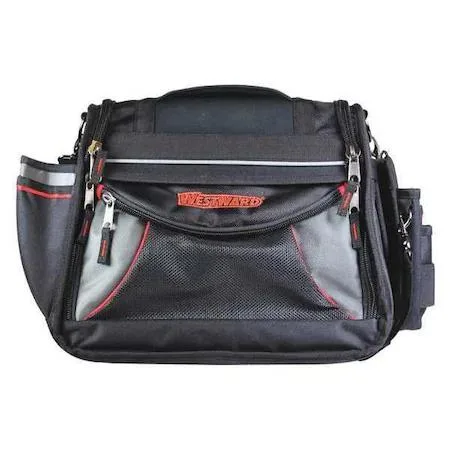 Black polyester tool bag with rigid frame and fifteen pockets