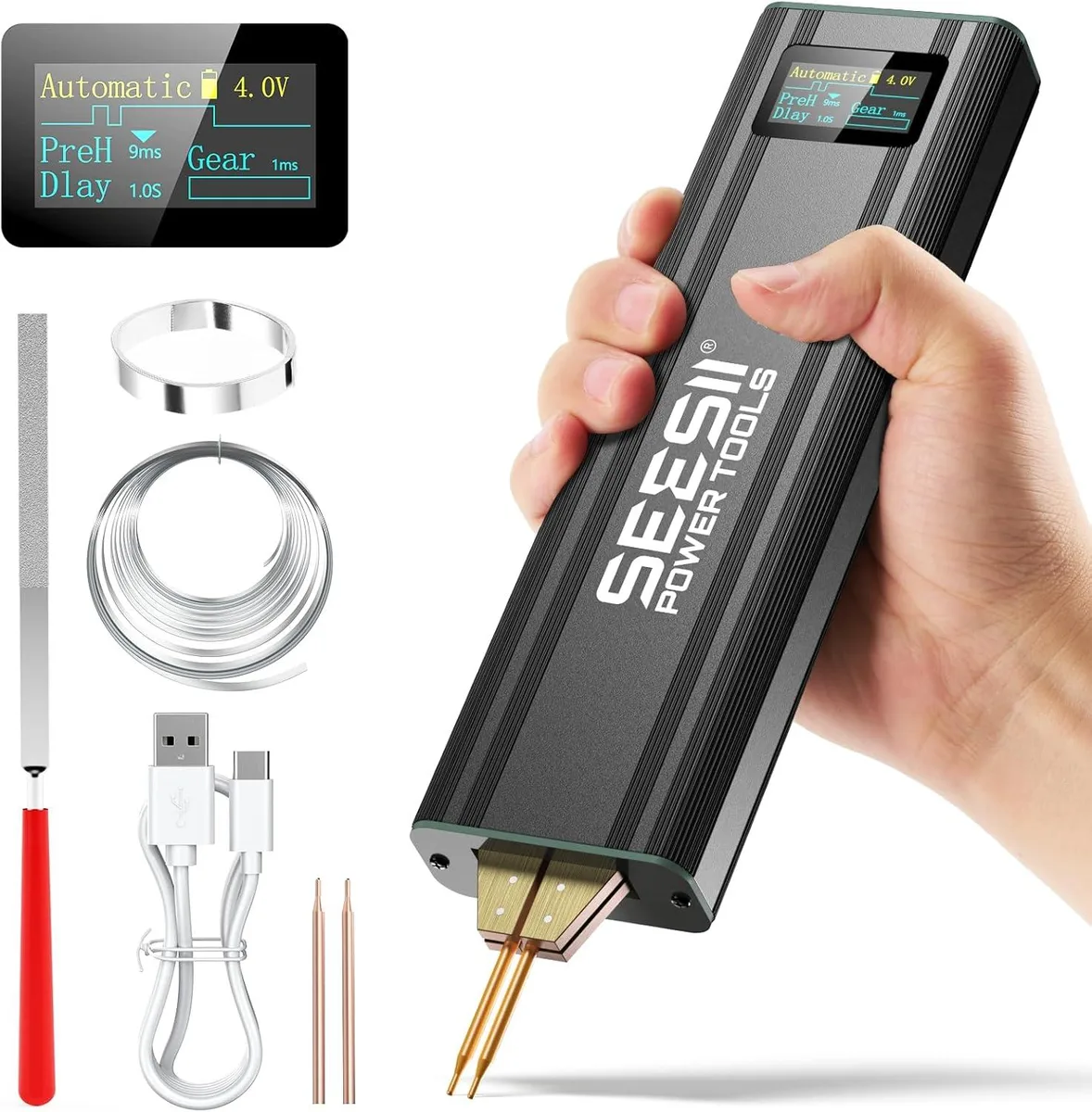 Handheld silver aluminium spot welder with display screen