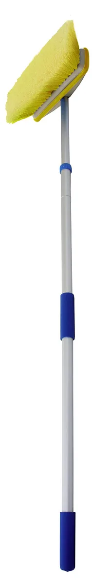 Yellow deck brush on silver telescopic pole, rectangular head, black grips, extends to 183 cm
