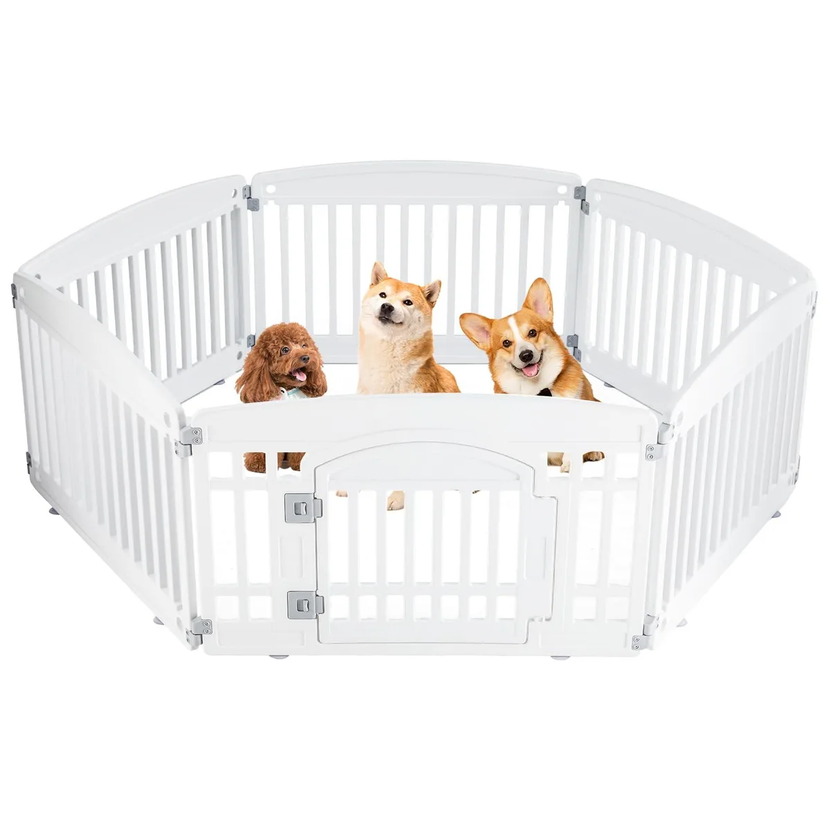 White plastic 6-panel dog playpen with locking door