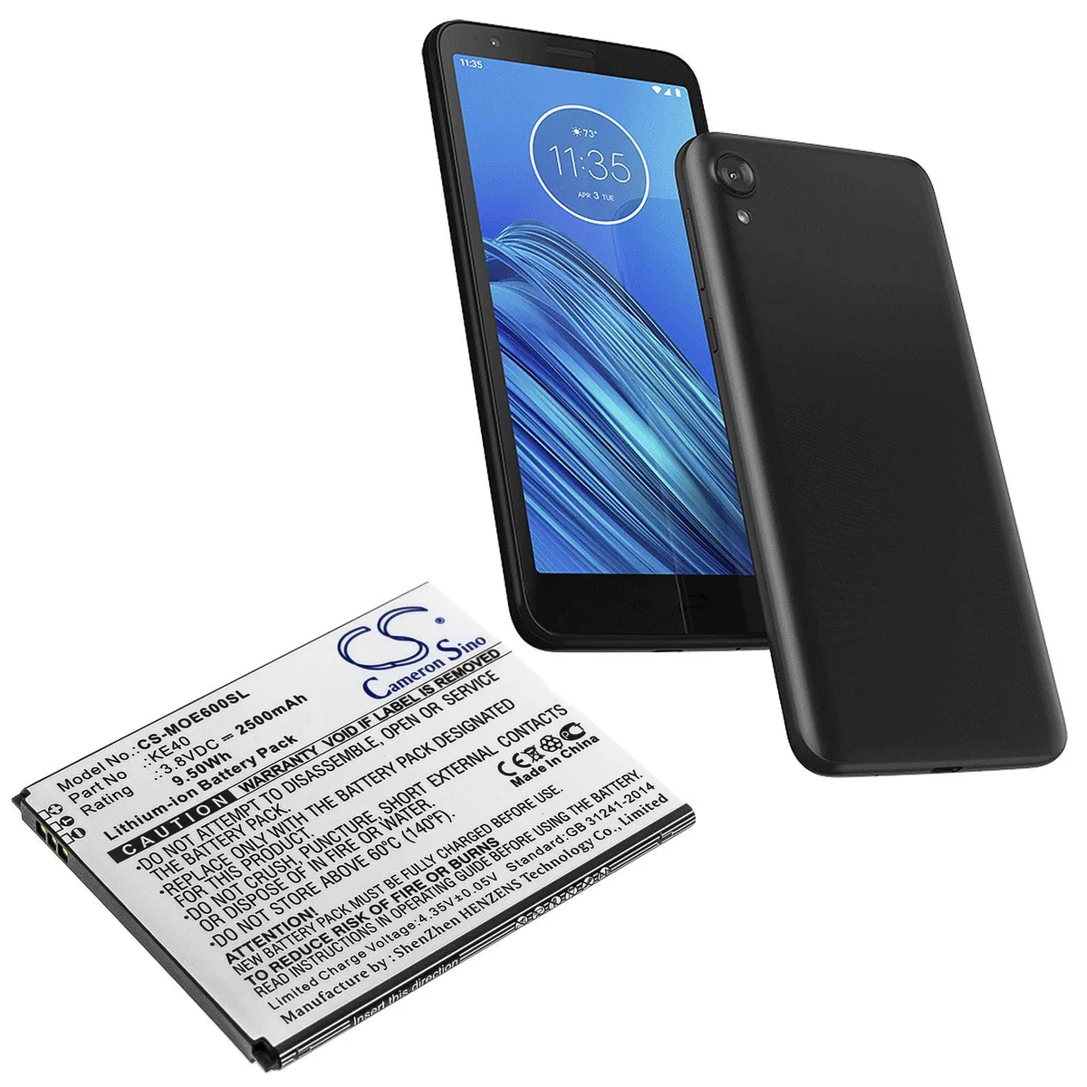 Rectangular smartphone battery with gold contacts and printed label