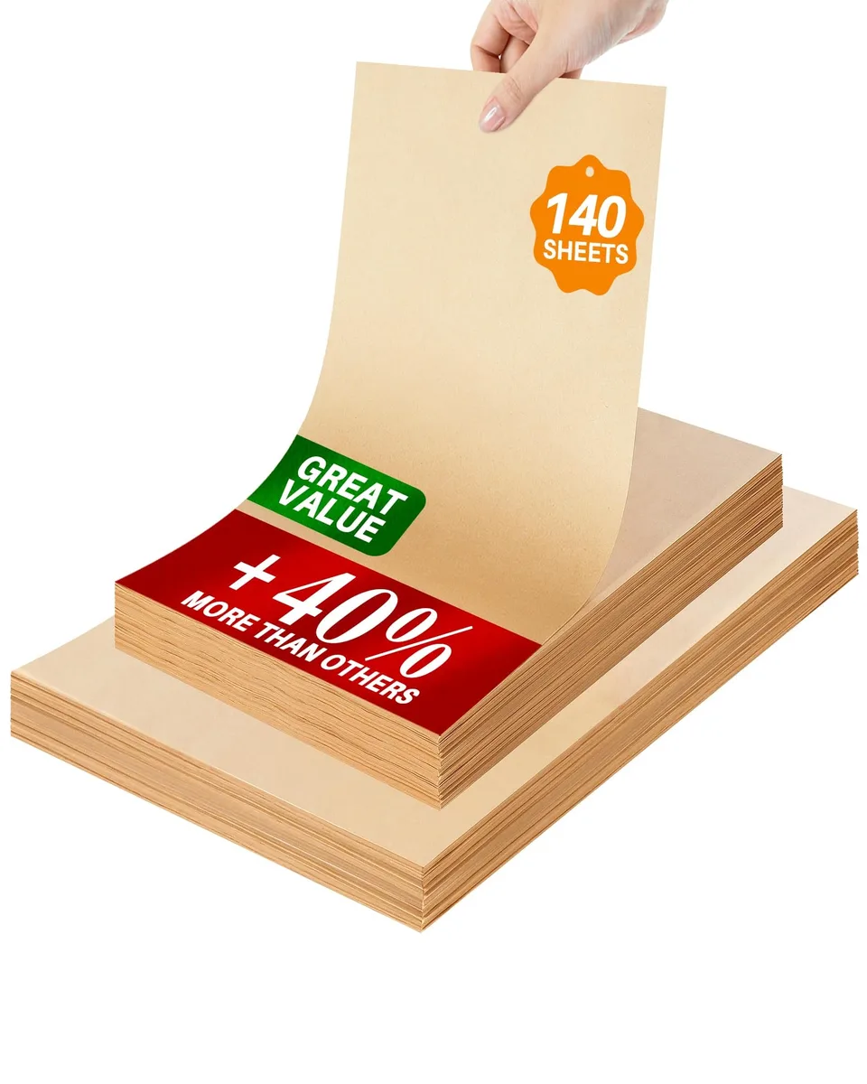 Stack of 140 unbleached brown parchment sheets in a roll