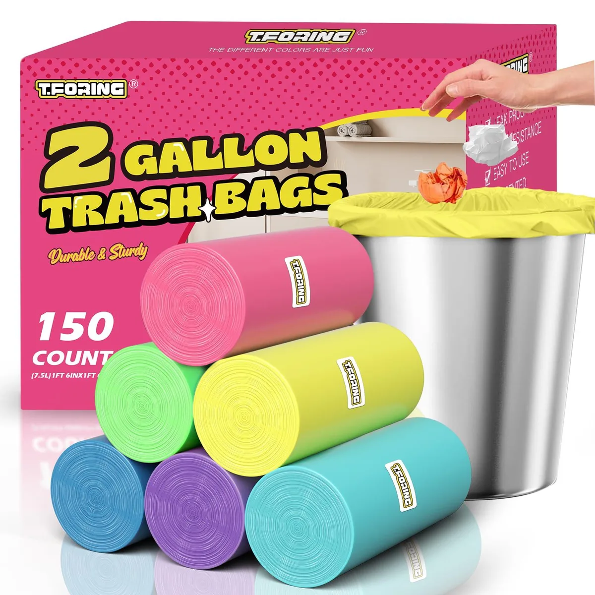 Three packs of white 7.5 litre plastic bin bags, 150 count total