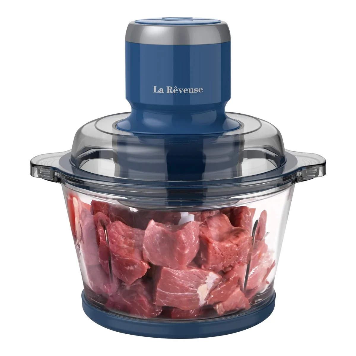 Compact blue food processor with glass bowl and stainless steel blades