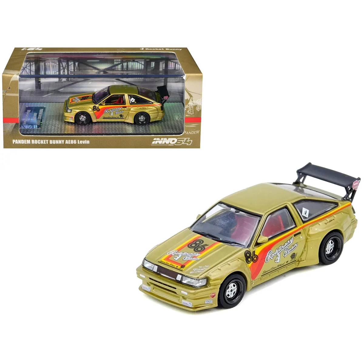 Inno Models Inno Models Toyota Levin AE86 RHD #86 Pandem Rocket Bunny Gold Metallic Stripes 1/64 Diecast hobby collectible — product photo