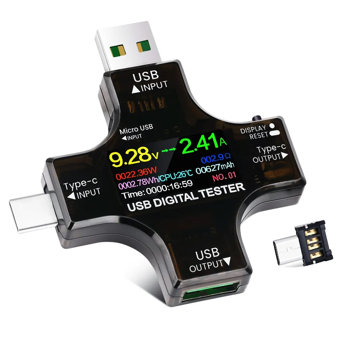 Compact USB-C power meter with colour IPS screen and micro-USB adapter