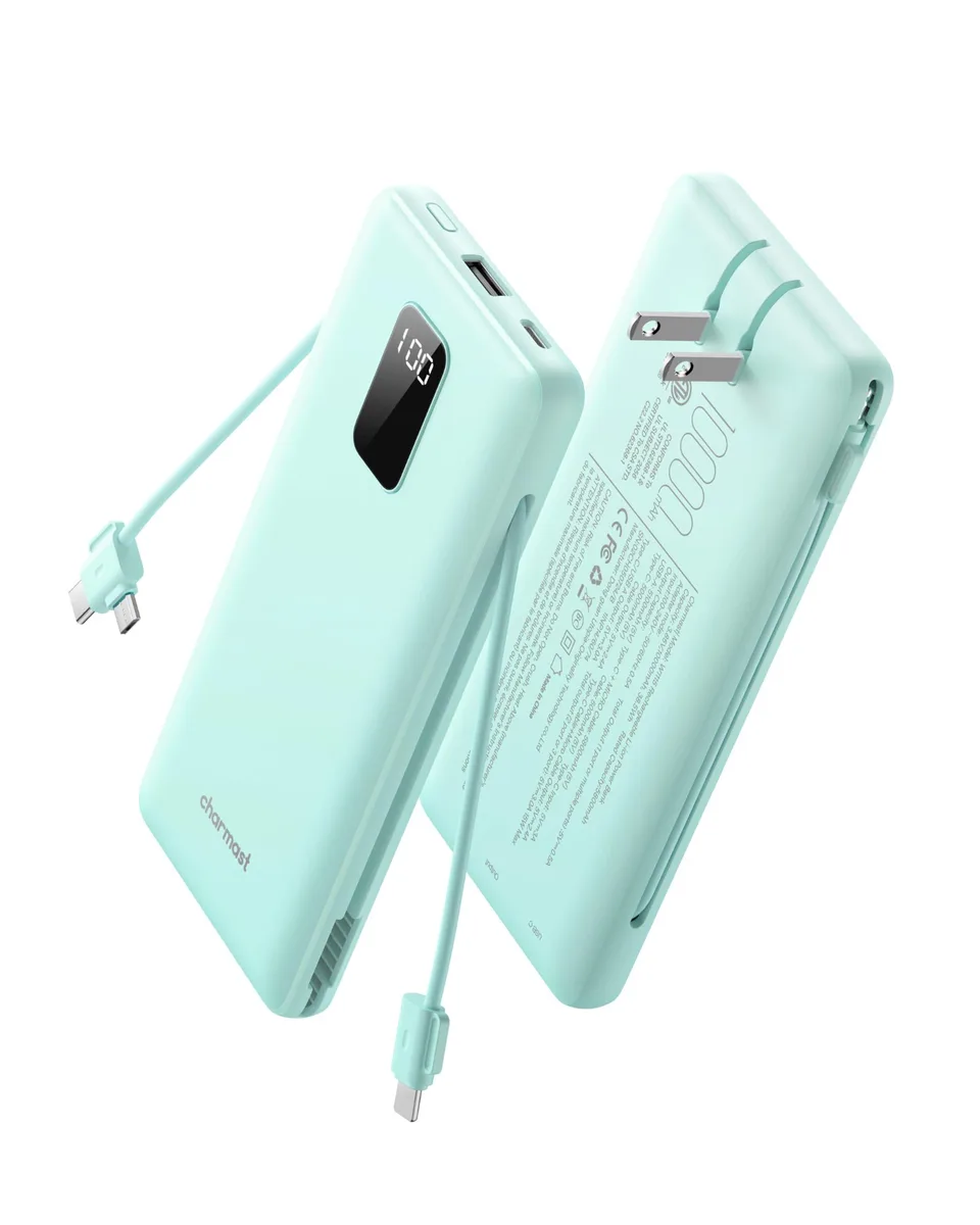  charmast W1115 10000mAh power bank with built-in AC plug and cables — product photo