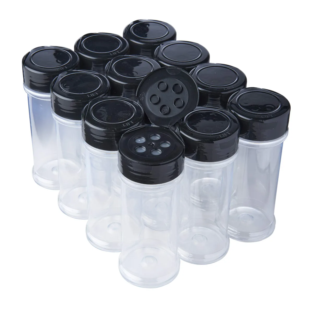 Twelve clear plastic spice bottles with black lids