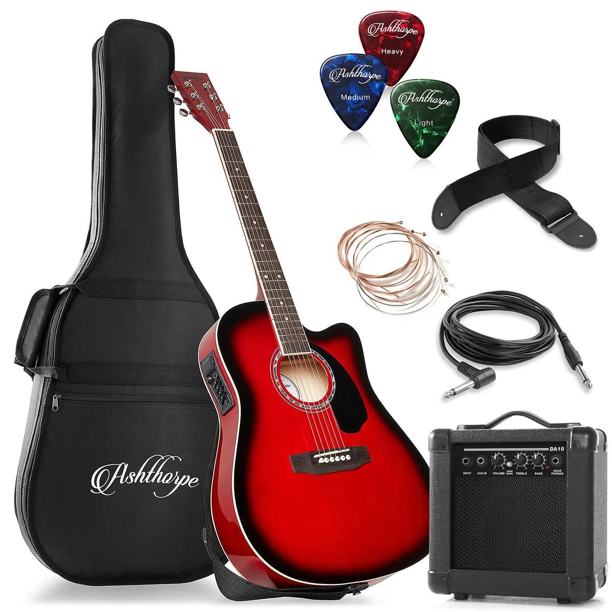 Ashthorpe Ashthorpe 41" Thinline Cutaway Acoustic-Electric Guitar Package with 10W Amp Red — product photo