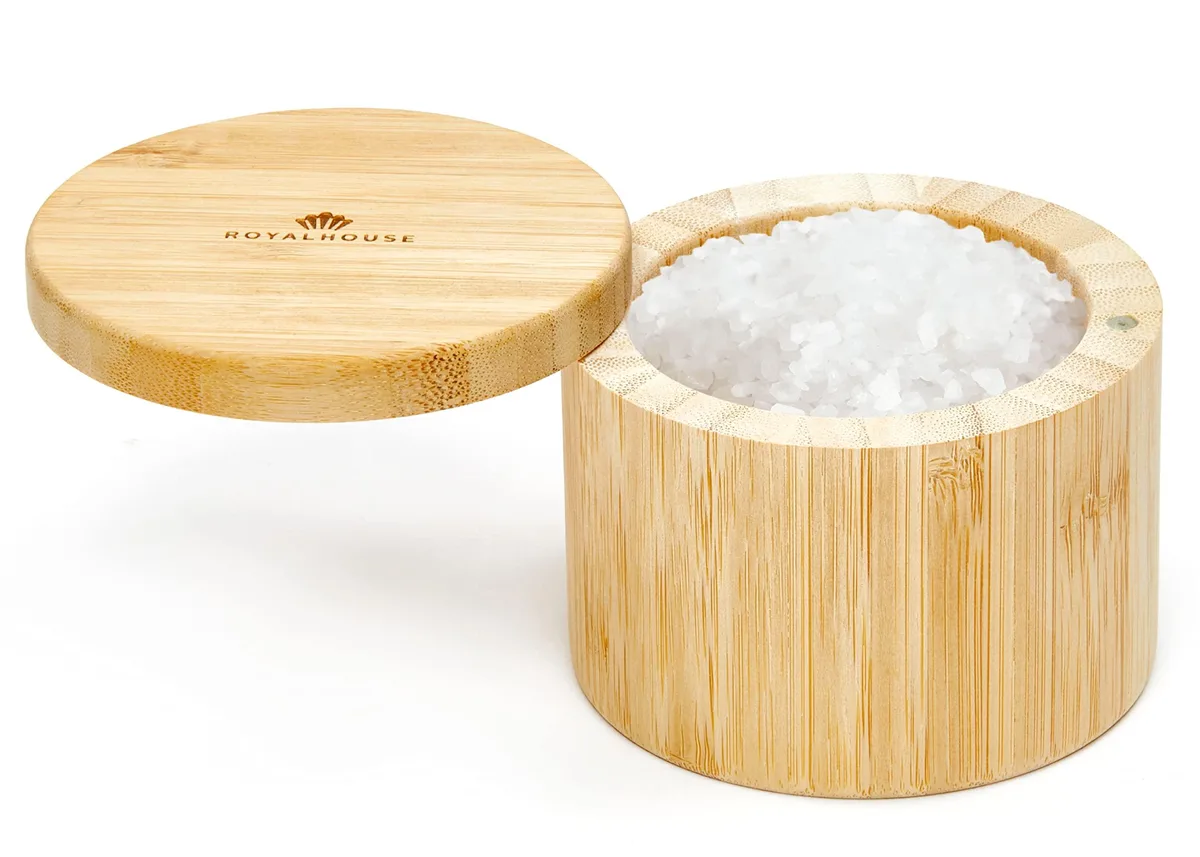 Natural bamboo salt holder with magnetic swivel lid, brown finish