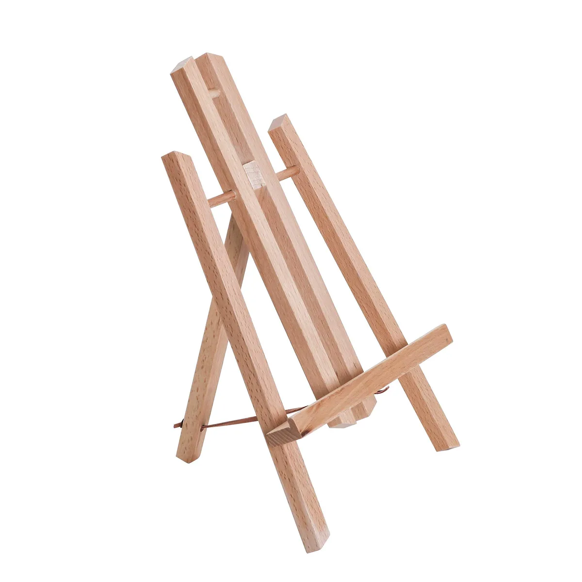 Small 11 inch beechwood A-frame tabletop easel, natural oil finish, folded flat