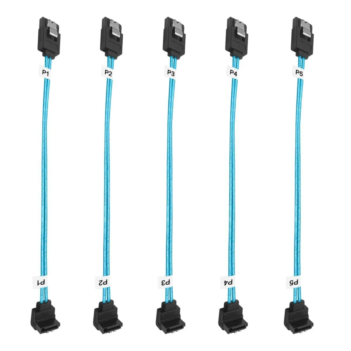  ADCAUDX DC-0051 SATA cable 5-pack 8-inch 90-degree right-angle to straight 6Gbps locking latch black/blue — product photo