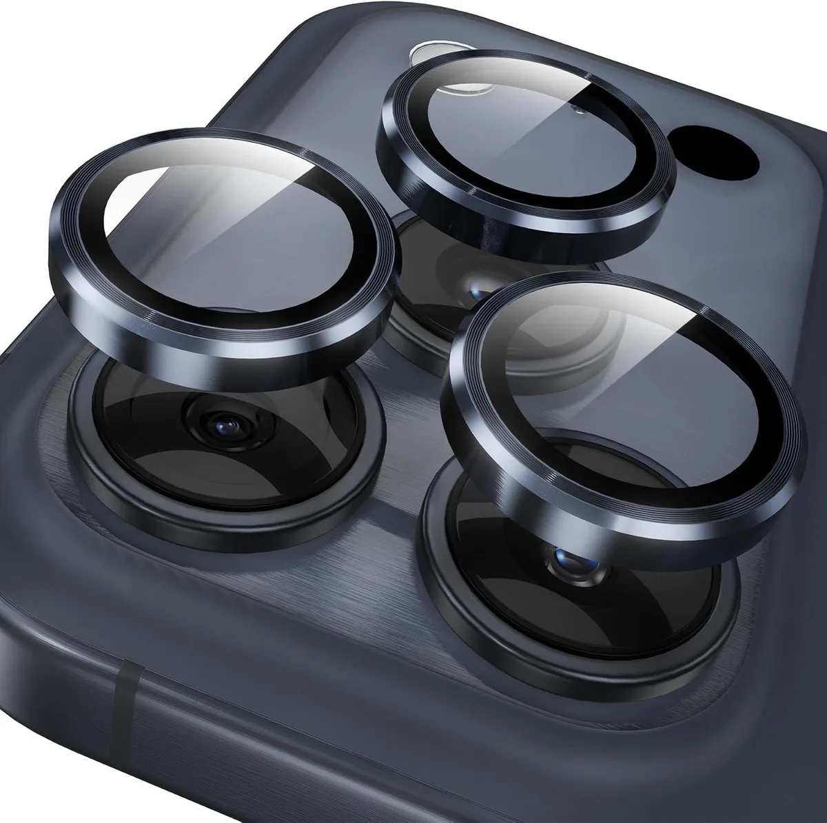 Deep blue tempered glass camera lens protector with metal frame and installation tray