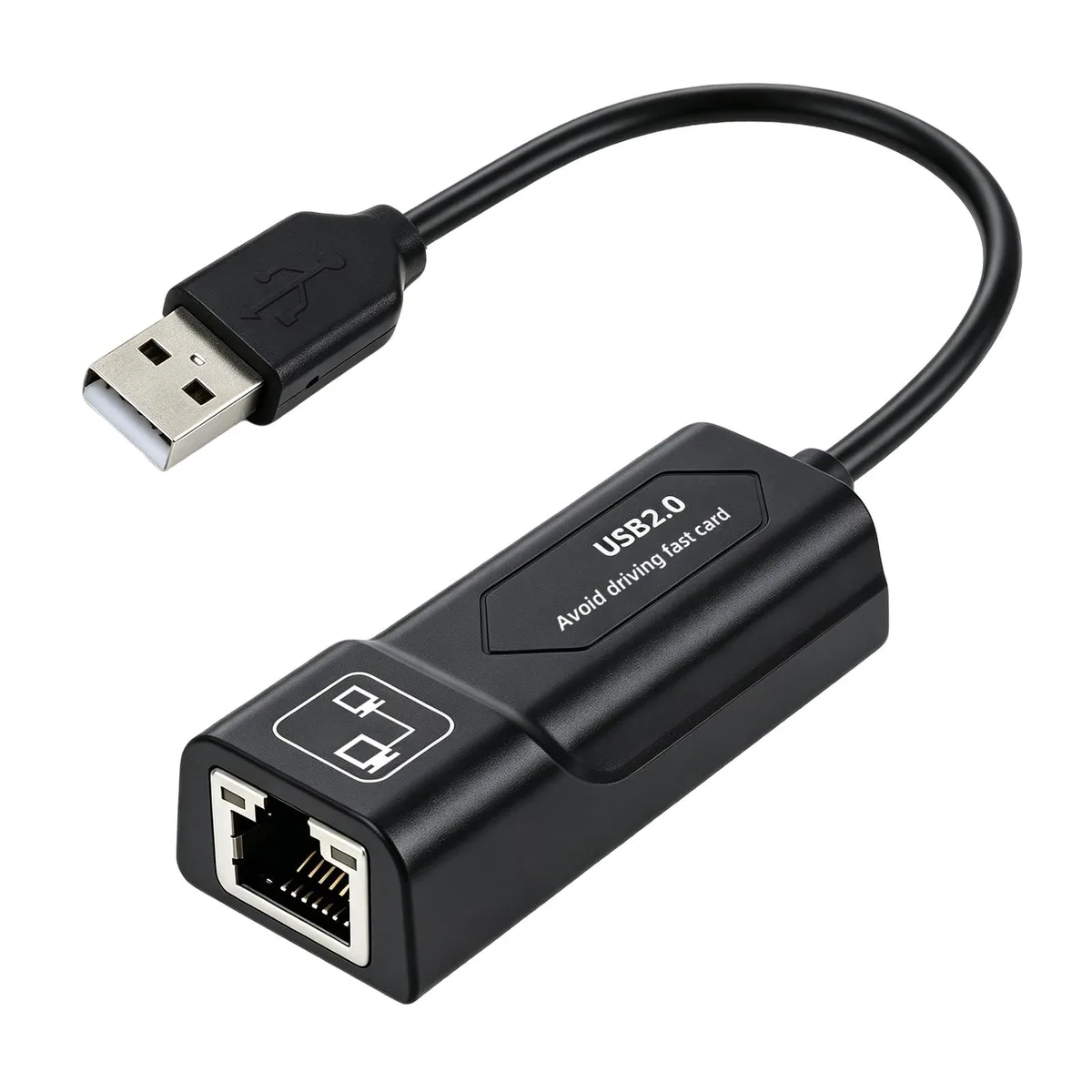 Compact USB 2.0 to Ethernet adapter with matte black finish