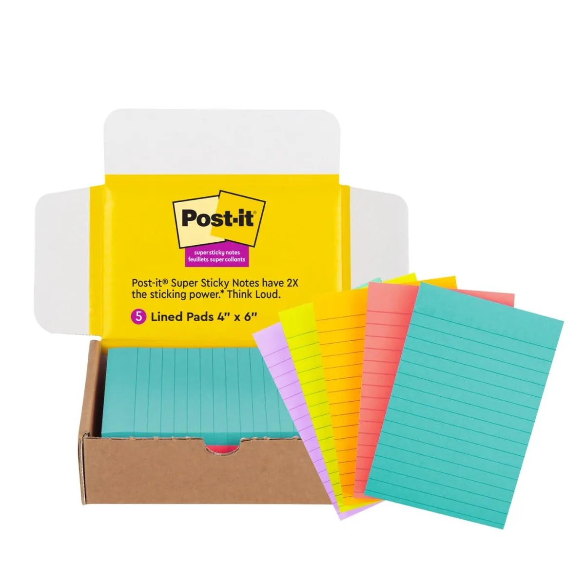 Five neon-lined sticky-note pads in an open paperboard box
