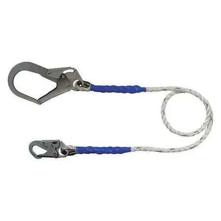White 6 ft polyester restraint lanyard with steel rebar hook and snap hook