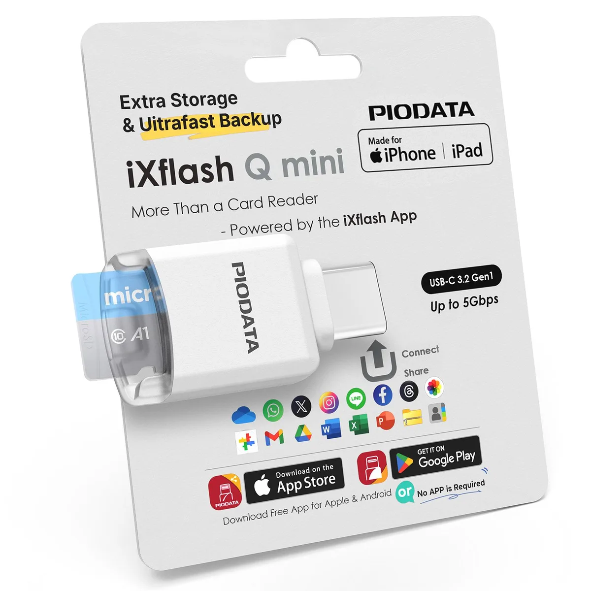 PIODATA PIODATA iXflash Q mini USB 3.2 MicroSD Card Reader White — product photo