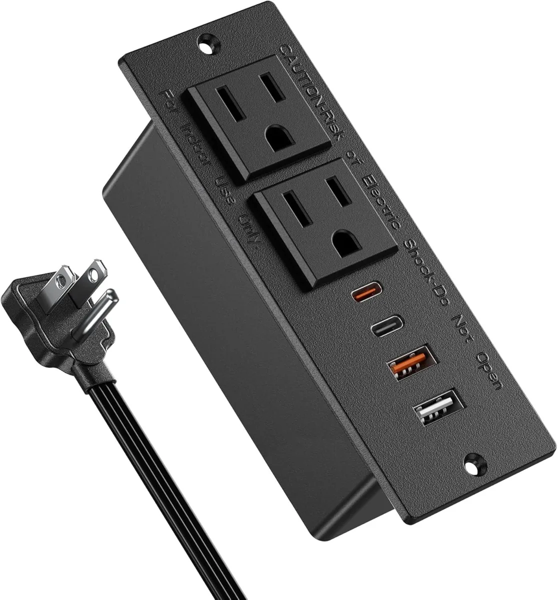 Black rectangular recessed power strip with two AC outlets and four USB ports, ultra-thin flat plug, 10ft cord