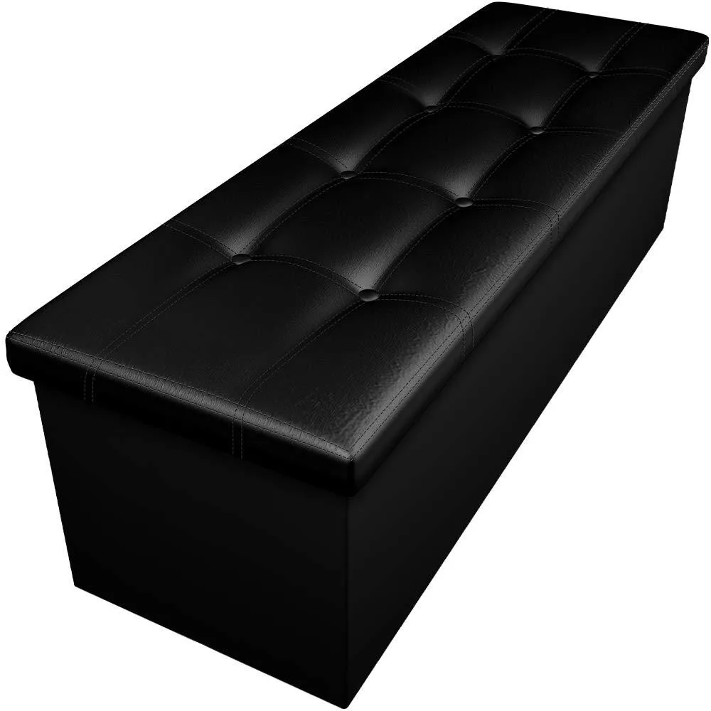 Black rectangular folding storage ottoman bench with tufted faux leather lid
