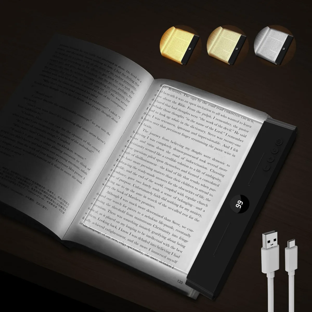Flat rechargeable book light with timer display and three colour temperatures