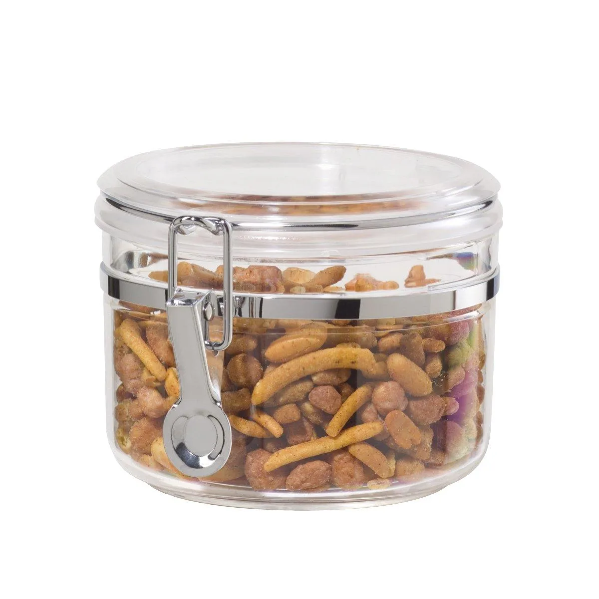 Clear round canister with red clamp lid, 28 oz