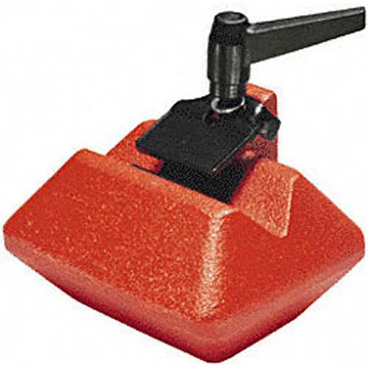 Black sandbag counterweight draped over a light stand leg, fabric texture visible, metal chain and hook detail, studio setting