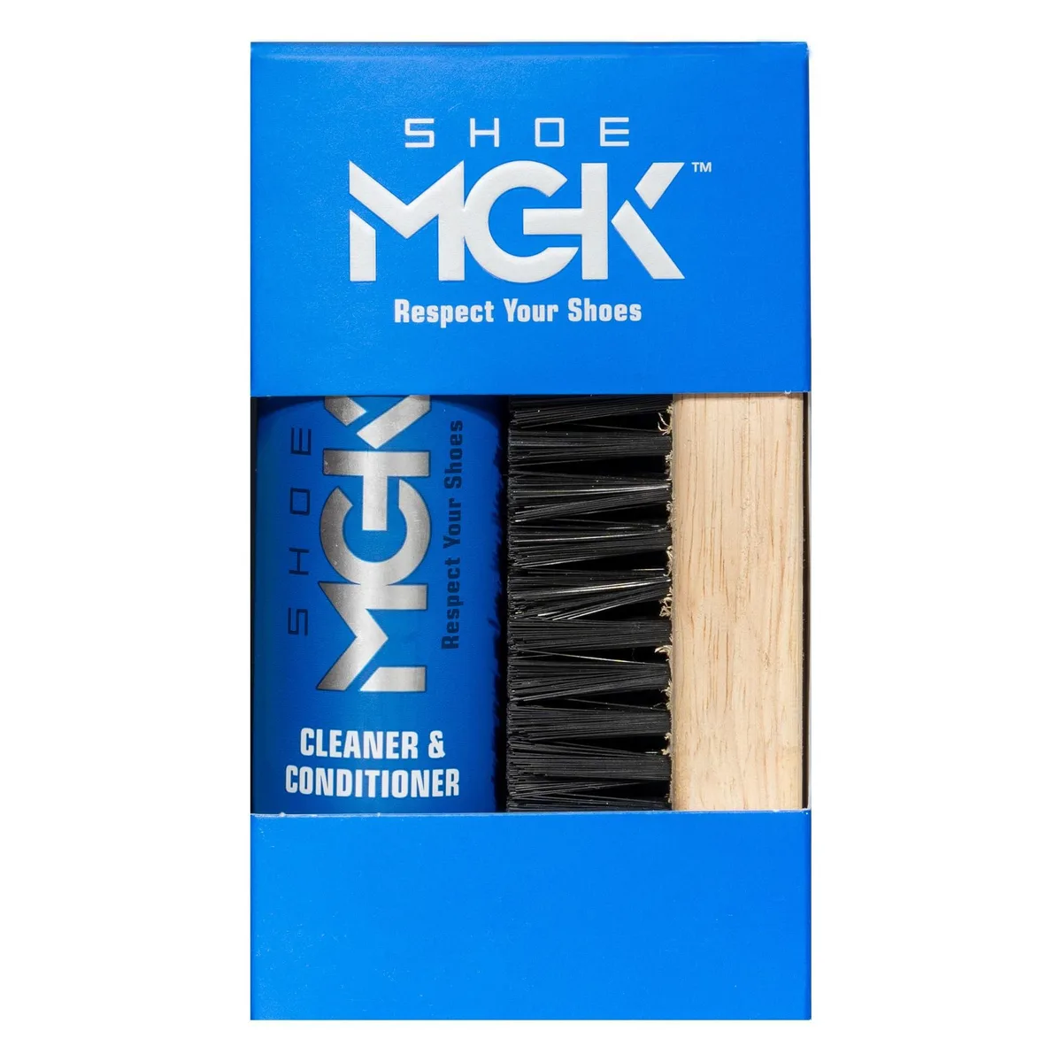 Yellow boxed shoe care kit with cleaner bottle conditioner bottle and brush