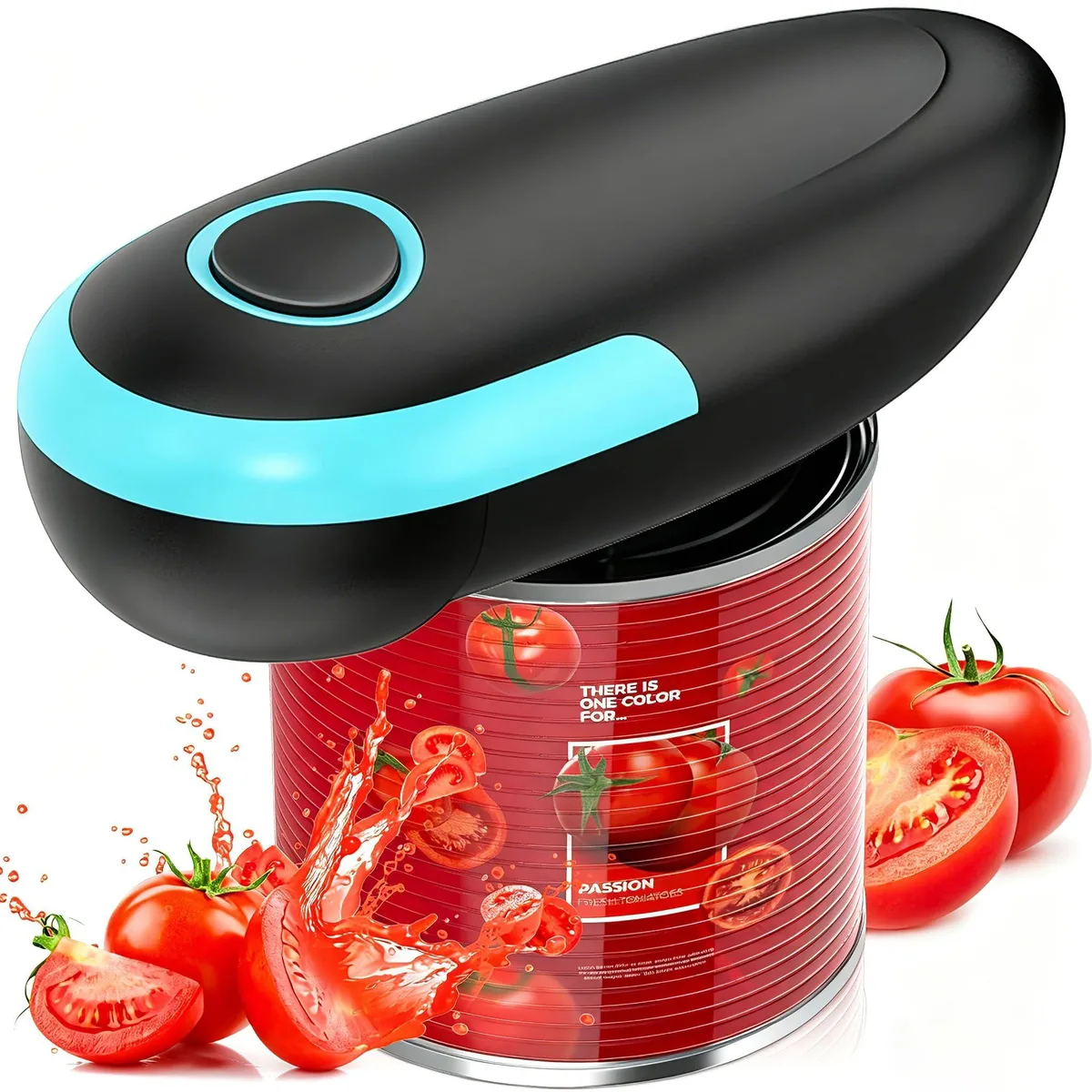 White compact automatic can opener with stainless steel cutting head and one-touch button