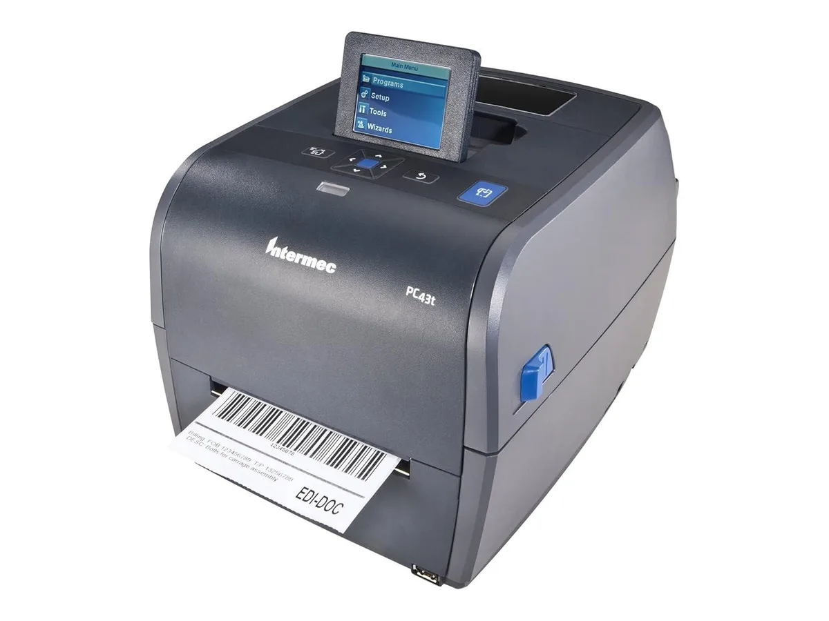 Compact grey desktop receipt printer with LCD screen and tear-off bar