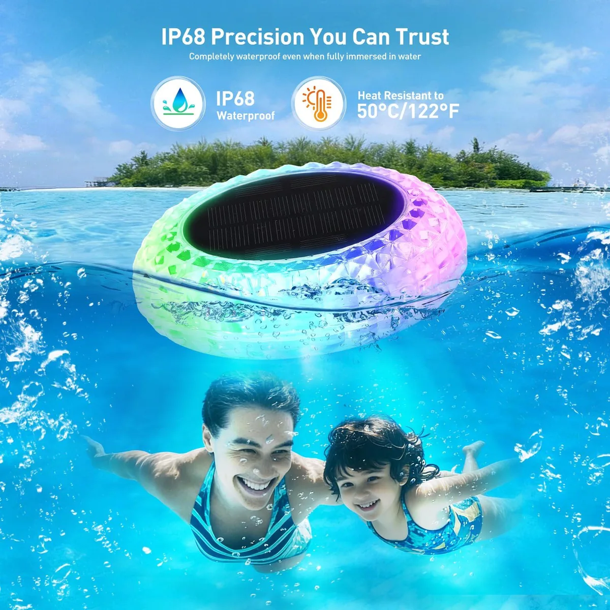 Two white solar floating lights with clear prismatic glass, round flat discs about 6.4 inches across, freestanding or spike mounted