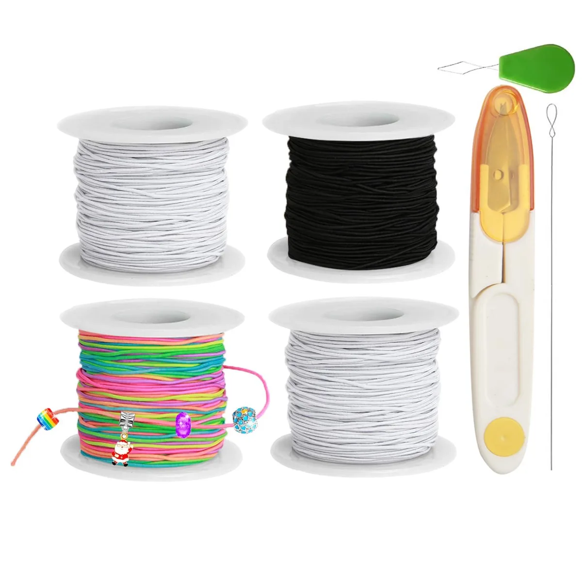 Four rolls of 1mm elastic cord in white black rainbow with scissors and measuring tape