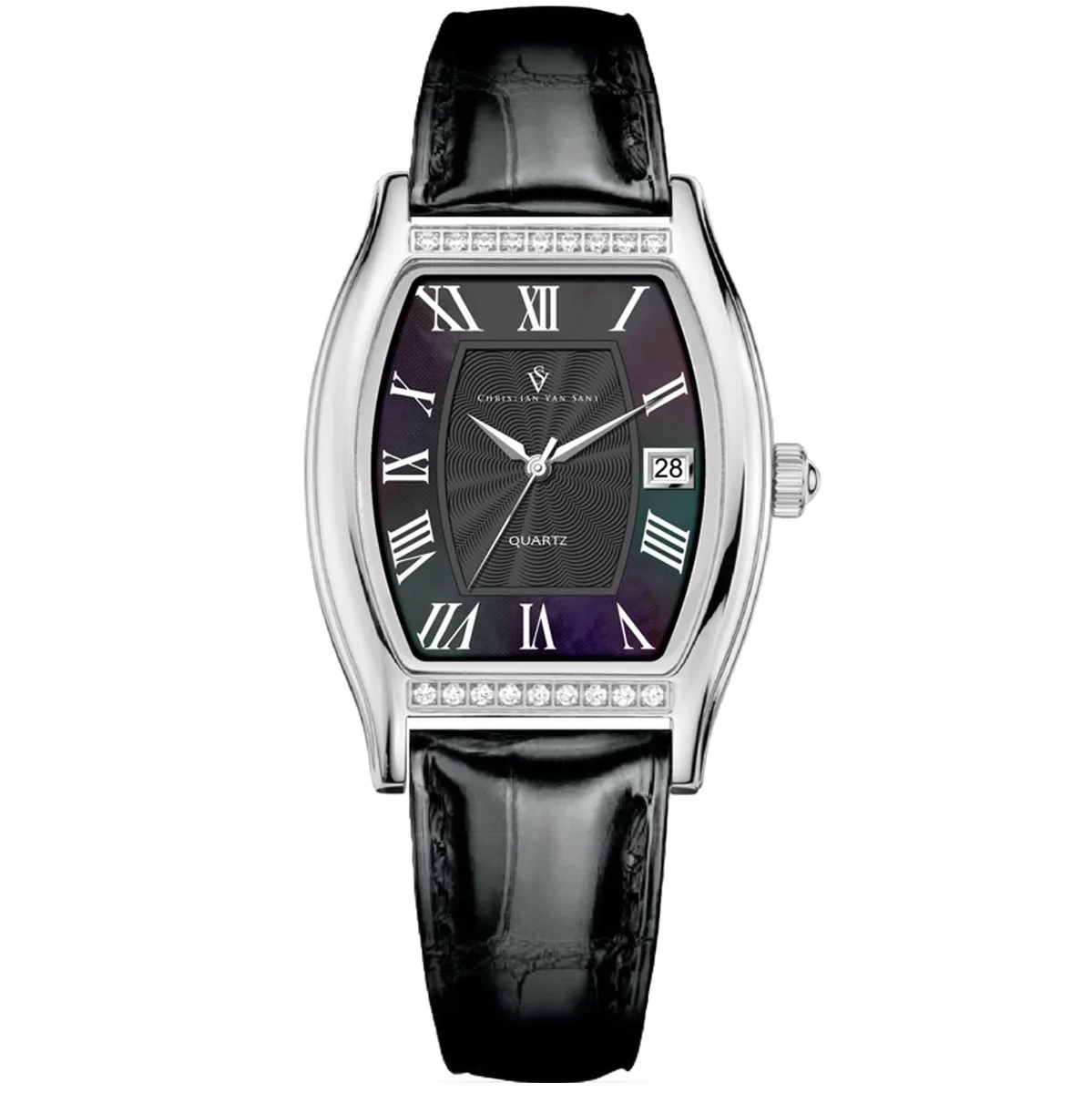 Silver stainless steel watch with black dial and leather strap