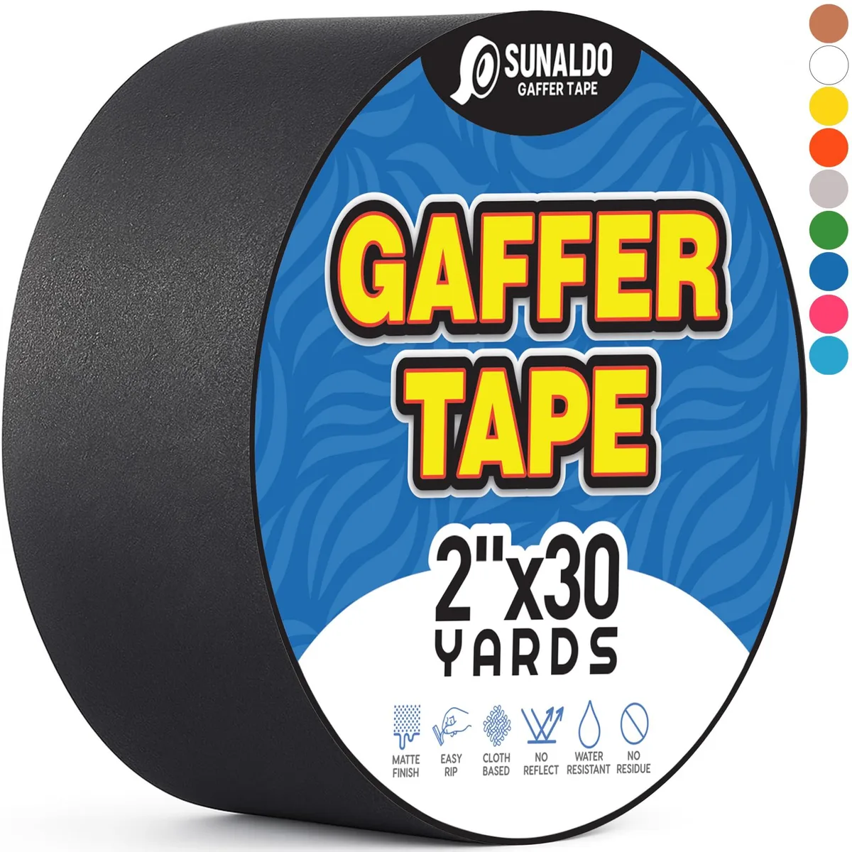 Black gaffer tape roll, matte finish, two inches wide, thirty yards long