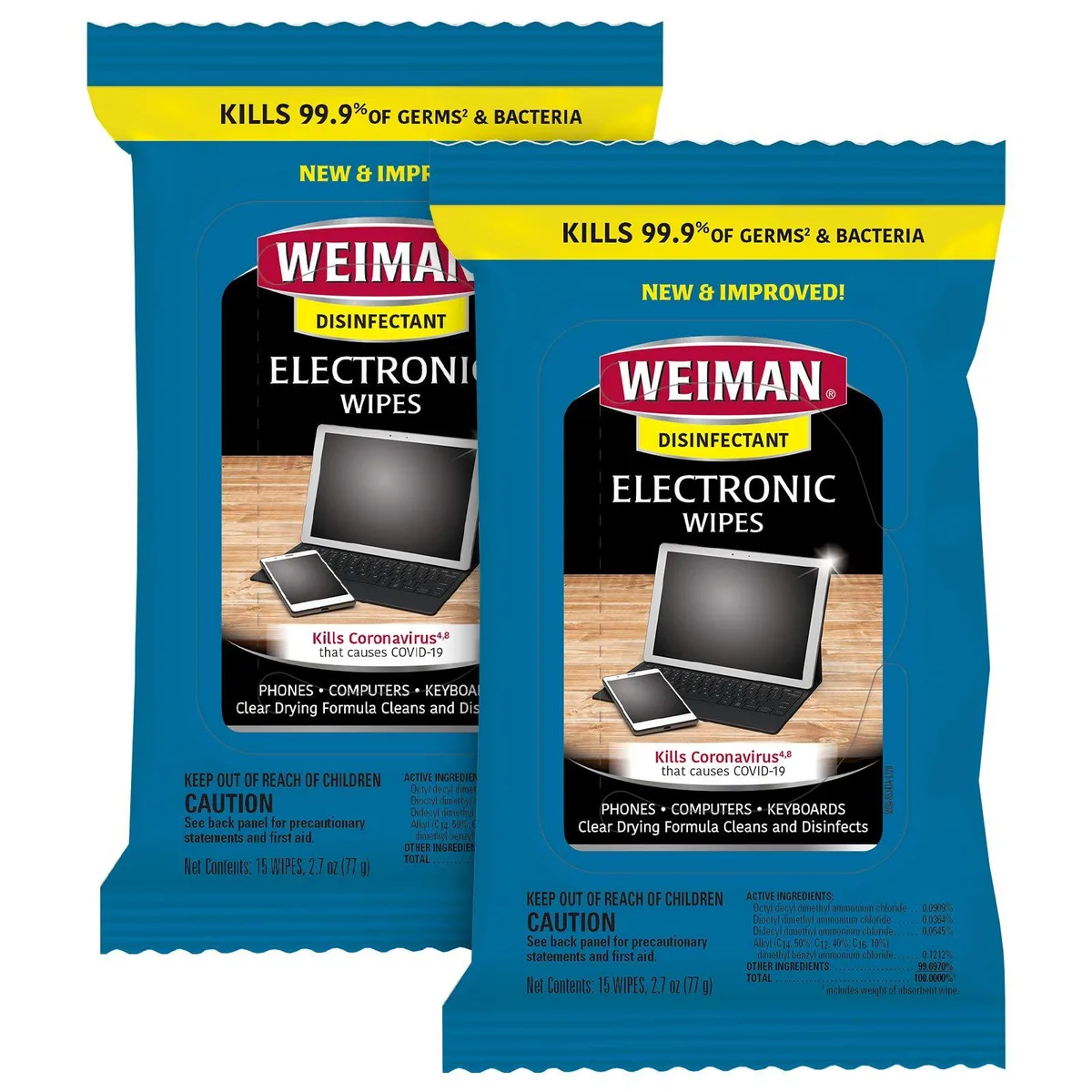 Two sealed packs of 15 unscented electronic cleaning wipes