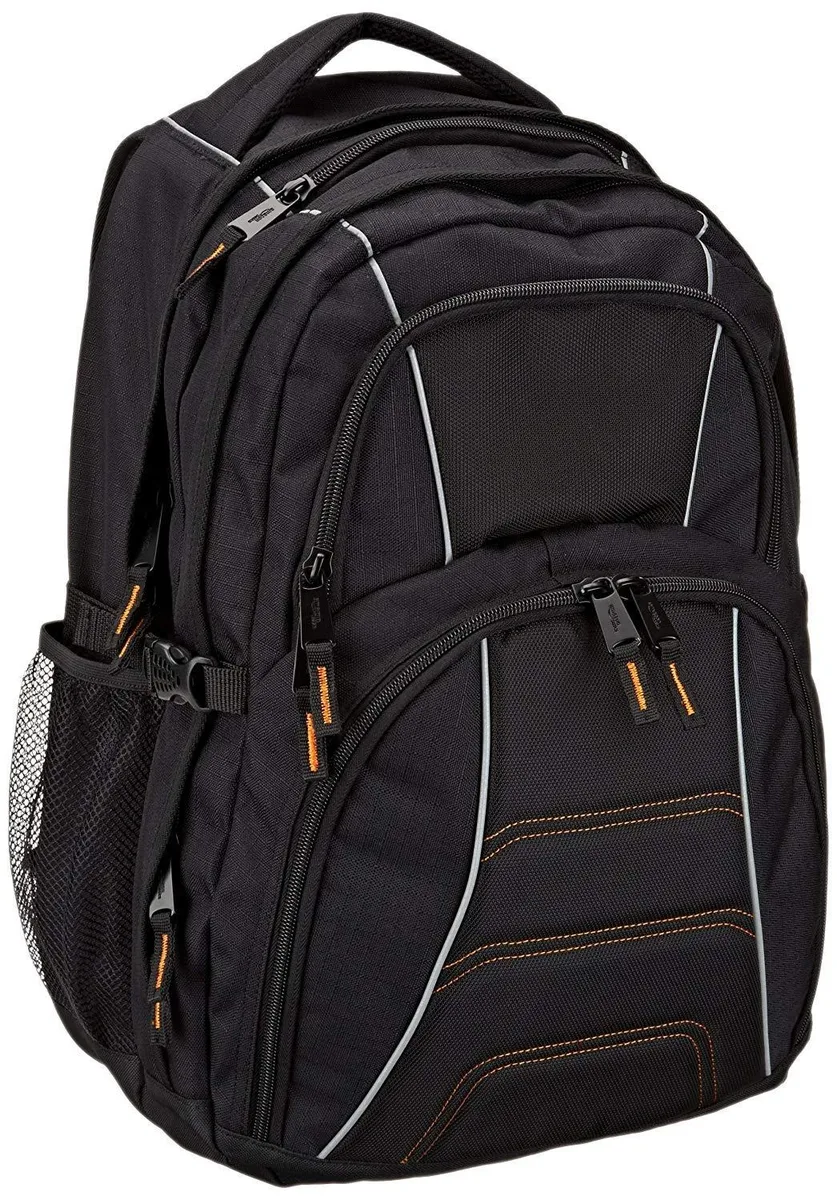 Black polyester laptop backpack with padded sleeve and side mesh water bottle pockets