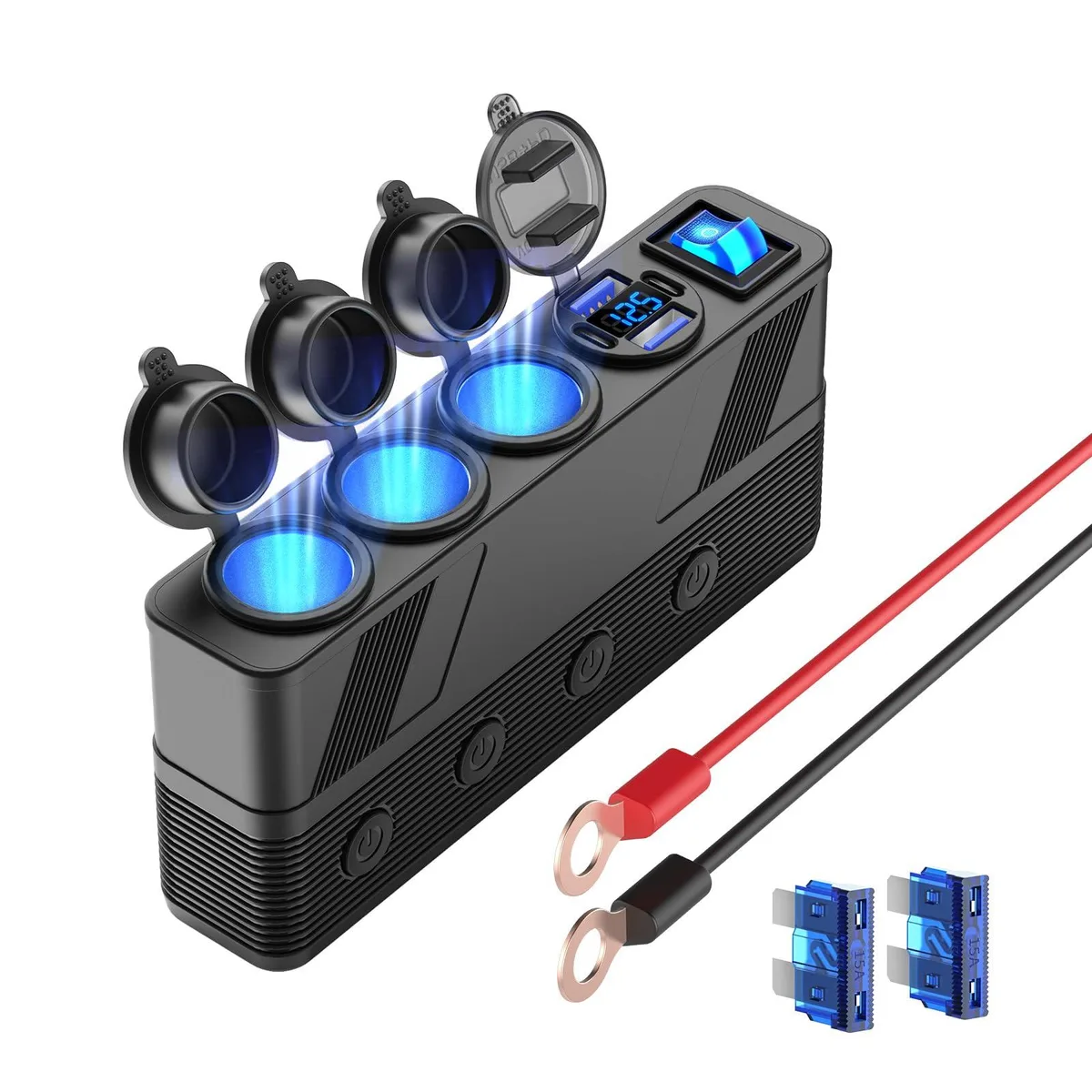  TESSAN 12V 24V 100W Power Splitter Cord 10FT 3M 3 Socket 4 USB 15A 16AWG — product photo