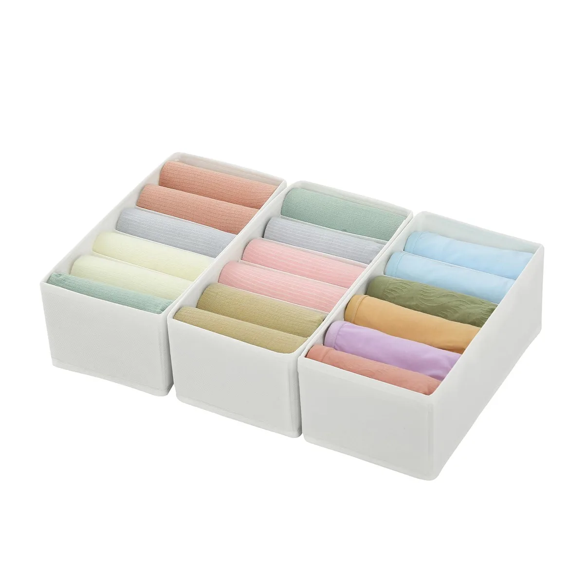 Three white rectangular fabric boxes with six grid compartments each, folded flat showing polypropylene board inserts