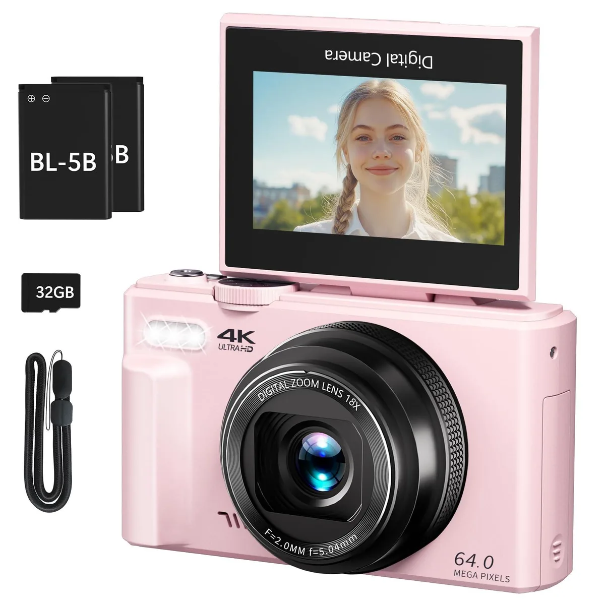  VJIANGER W08 64MP 4K Point &amp; Shoot Camera Pink — product photo
