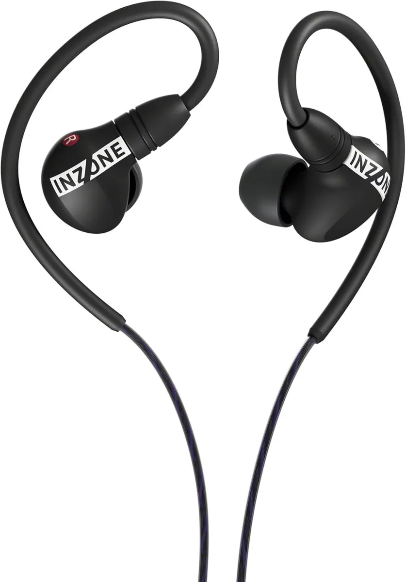 Black wired in-ear gaming earbuds with flexible ear hooks and carry case