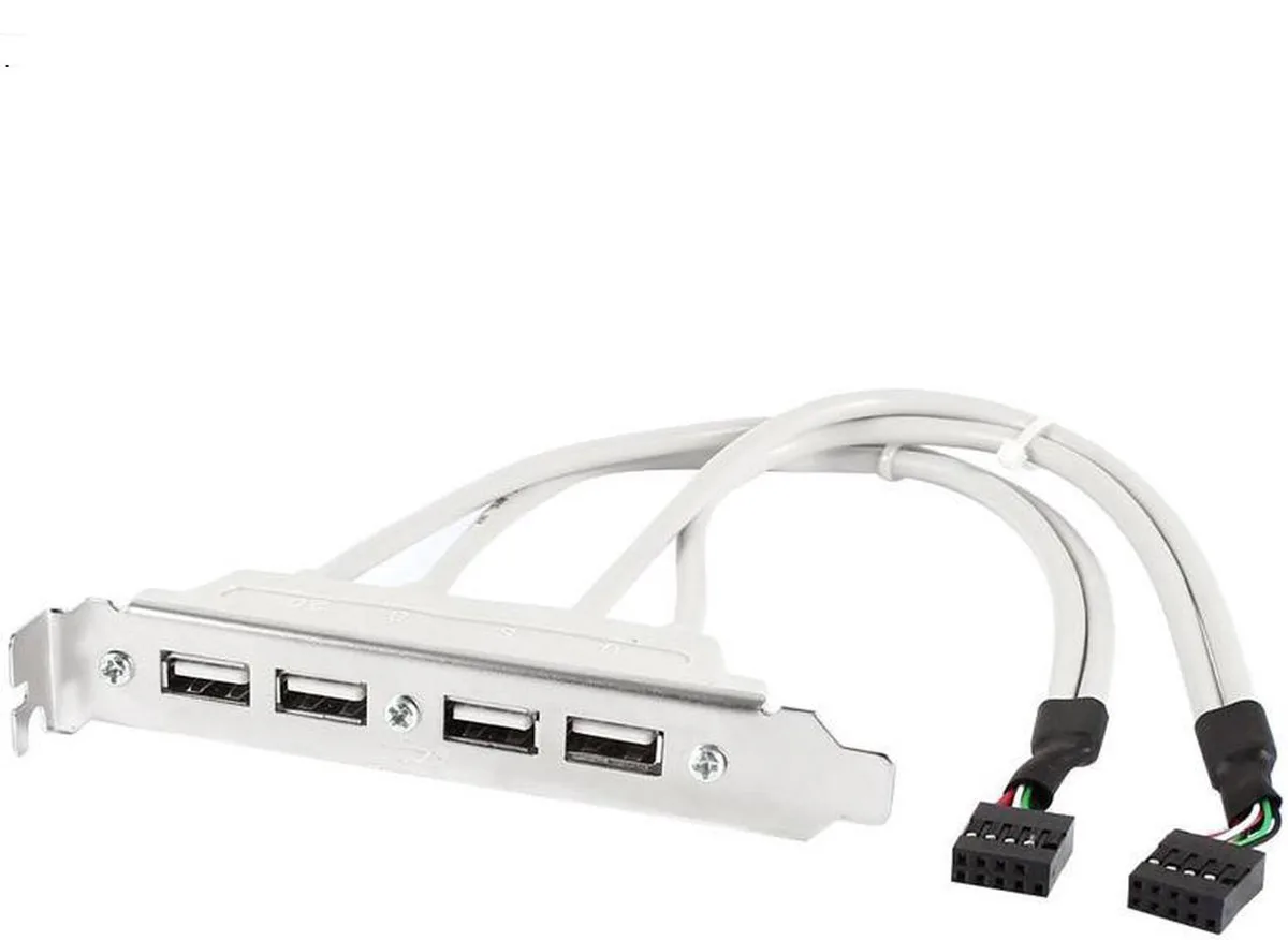 A silver metal bracket with four black USB-A ports and a 30cm flat ribbon cable ending in two 10-pin connectors
