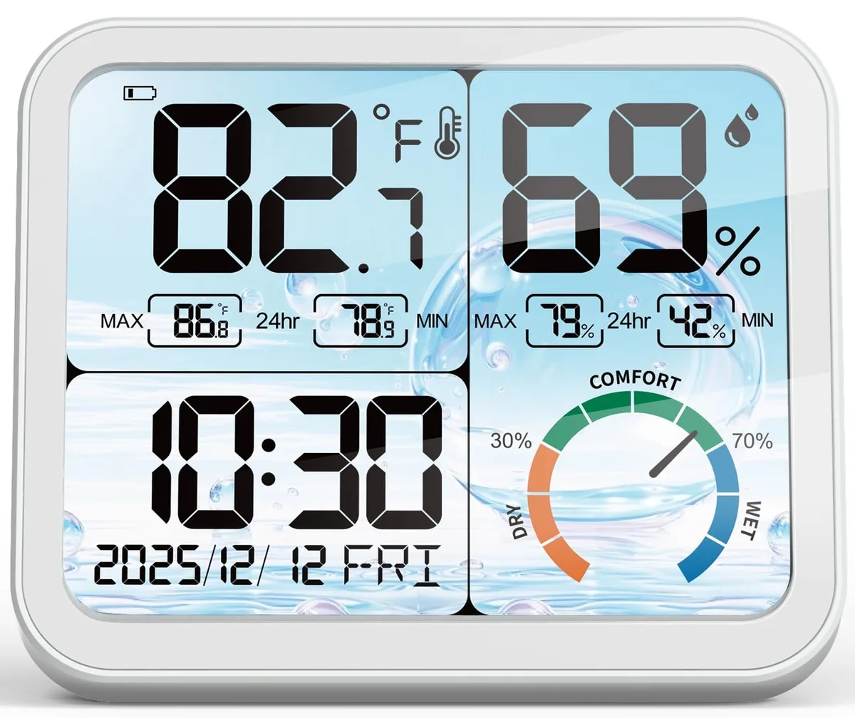 White rectangular indoor thermometer hygrometer with large 5.8 inch backlit LCD display showing temperature humidity comfort