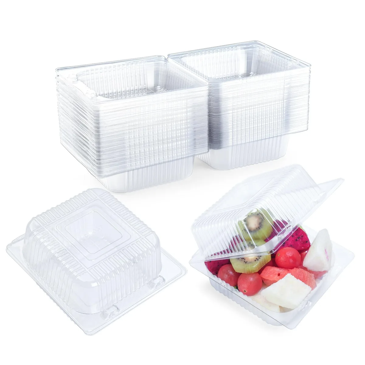 Stack of 50 clear hinged clamshell food containers, red tint, each 5.3 by 4.7 by 2.8 inches