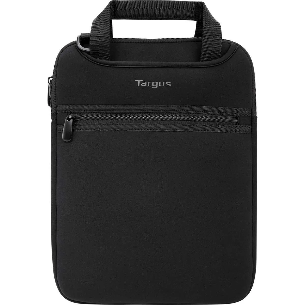 Black vertical slipcase for 14 inch laptop with hideaway handles and removable shoulder strap