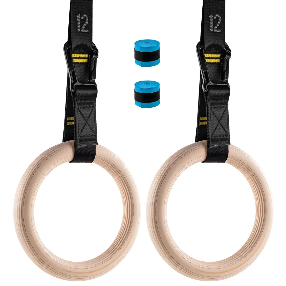 Two birch wooden rings with black numbered straps