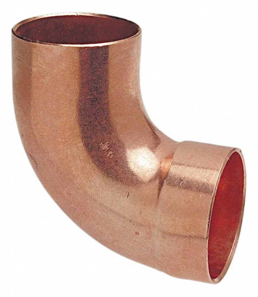 Copper 90-degree drop elbow, 2-inch sweat fitting, shiny metallic finish