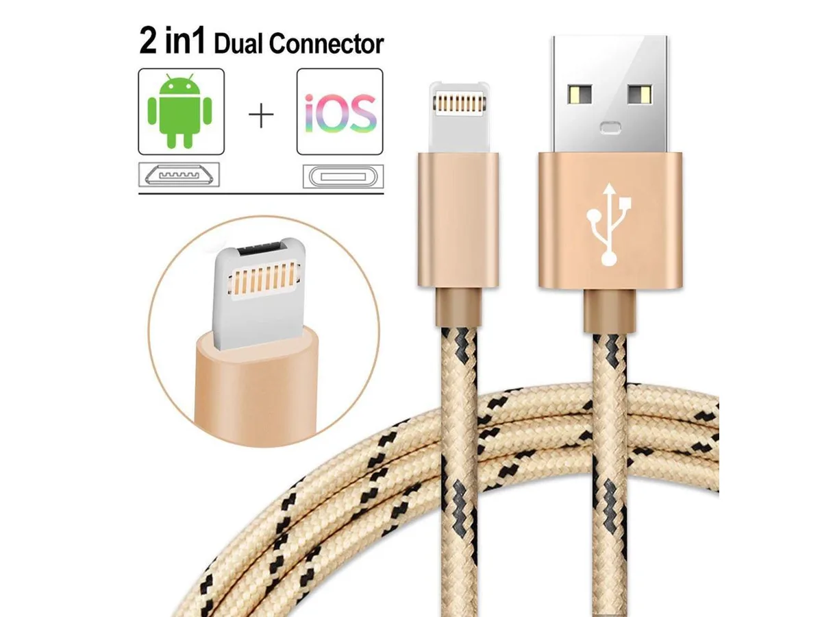 Corn Electronics Corn Electronics 2 in 1 Lightning &amp; Micro USB Cable Gold 3.3 ft — product photo