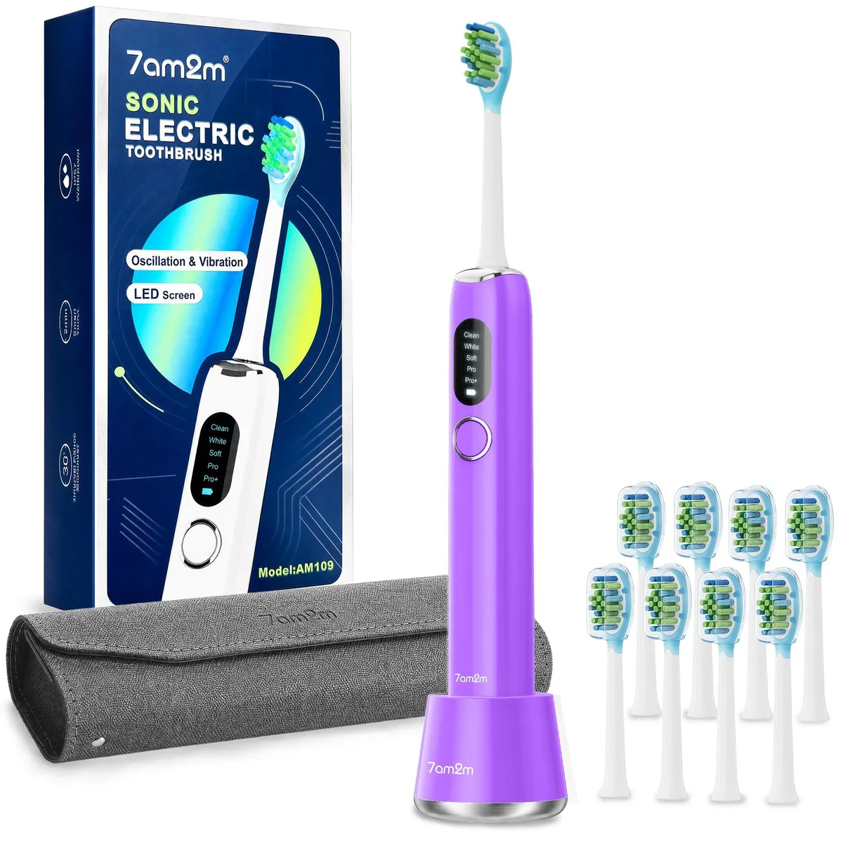 Purple sonic electric toothbrush with LED screen, travel case and eight brush heads