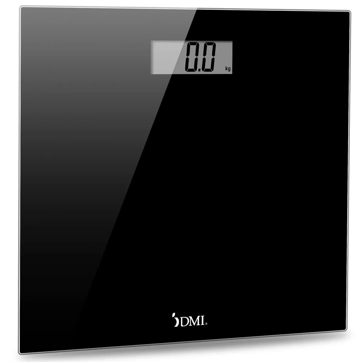 Square black tempered glass bathroom scale with large LCD display