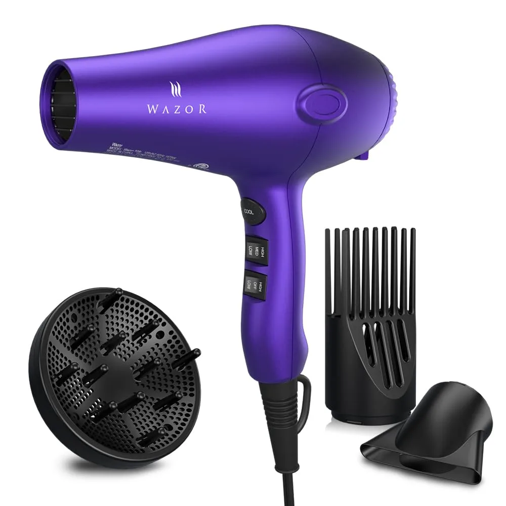 Purple hair dryer with diffuser and concentrator attachments