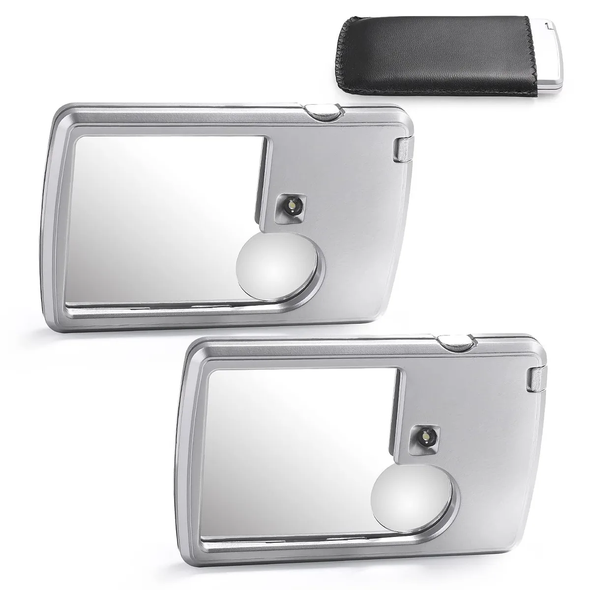 Ten silver credit-card magnifiers with leather sleeves and LED lights